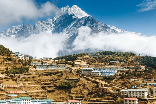 view of everest behind namche